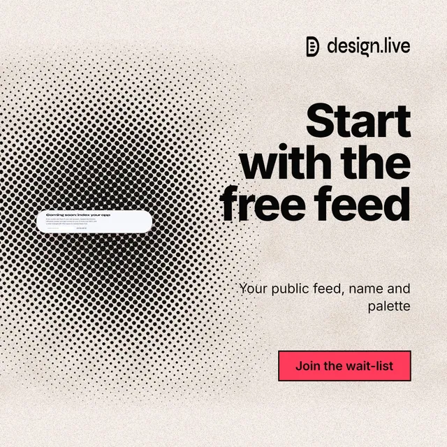 Instagram post for design.live: "Start with the free feed". Ink sticker style, right layout, light palette in orange, grey, white.