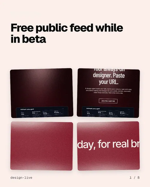 Carousel for design.live: "Free public feed while in beta". Collection carousel, 8 slides, light palette.