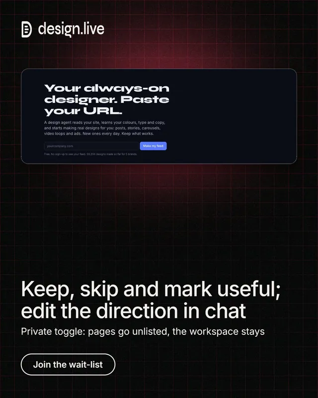 Instagram portrait post for design.live: "Keep, skip and mark useful; edit the direction in chat". Phosphor atlas style, bottom layout, dark palette in black.