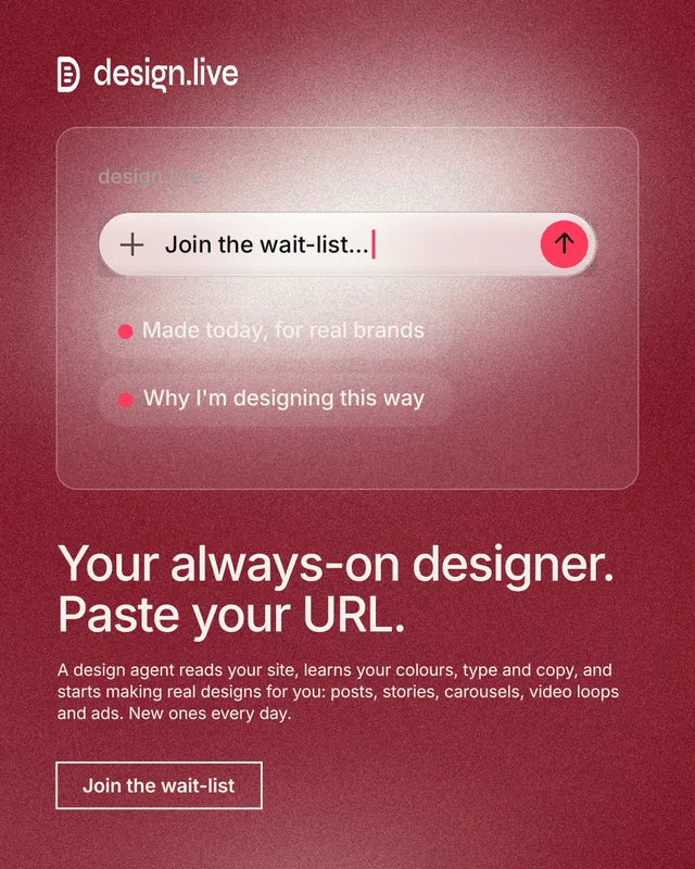 Instagram portrait post for design.live: "Your always-on designer. Paste your URL." Cyanotype style, bottom layout, dark palette in red.