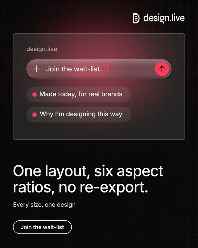 Instagram portrait post for design.live: "One layout, six aspect ratios, no re-export." Phosphor atlas style, bottom layout, dark palette in black, red.