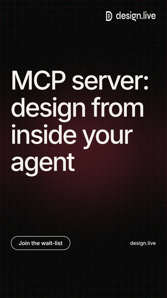 Instagram story for design.live: "MCP server: design from inside your agent". Phosphor atlas style, poster layout, dark palette in black, red, grey.