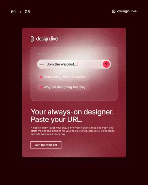 Video for design.live. Ad flipbook, 7.5 s, dark palette.