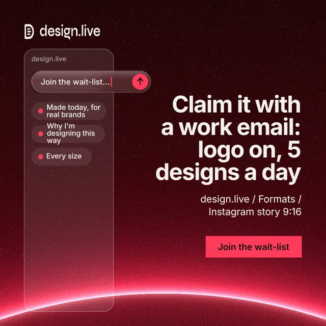 Instagram post for design.live: "Claim it with a work email: logo on, 5 designs a day". Swiss style, right layout, dark palette in black, red.