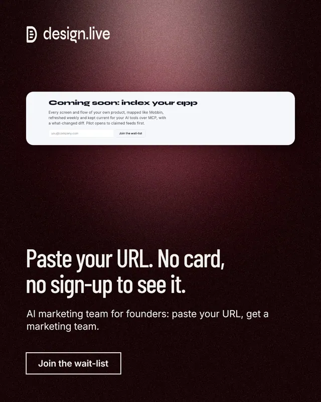Instagram portrait post for design.live: "Paste your URL. No card, no sign-up to see it." Dark deco style, bottom layout, dark palette in black, red, grey.