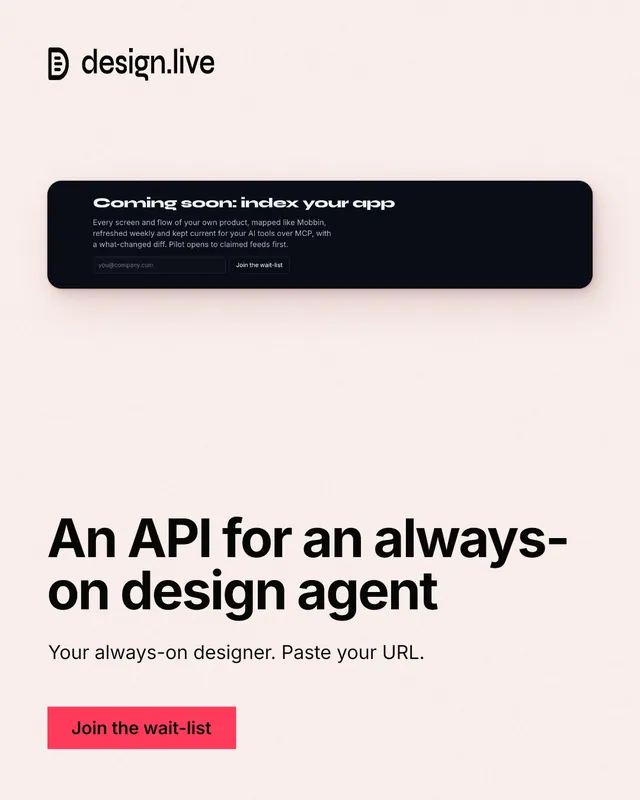 Instagram portrait post for design.live: "An API for an always-on design agent". Swiss style, bottom layout, light palette in white, grey.