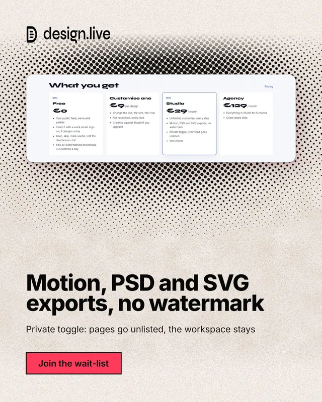 Instagram portrait post for design.live: "Motion, PSD and SVG exports, no watermark". Ink sticker style, bottom layout, light palette in orange, white, grey.