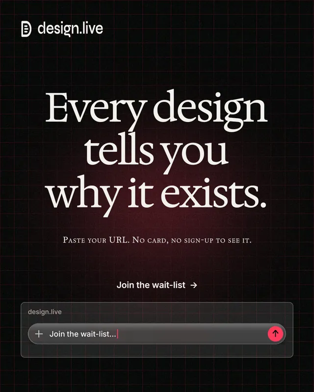 Instagram portrait post for design.live: "Every design tells you why it exists." Phosphor atlas style, smallcaps layout, dark palette in black, grey.