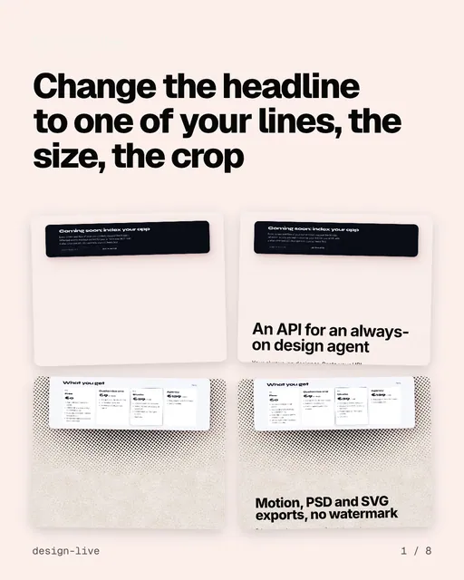 Carousel for design.live: "Change the headline to one of your lines, the size, the crop". Collection carousel, 8 slides, light palette.