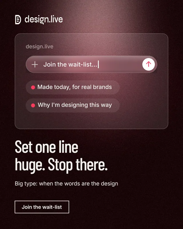 Instagram portrait post for design.live: "Set one line huge. Stop there." Dark deco style, bottom layout, dark palette in black, red, grey.