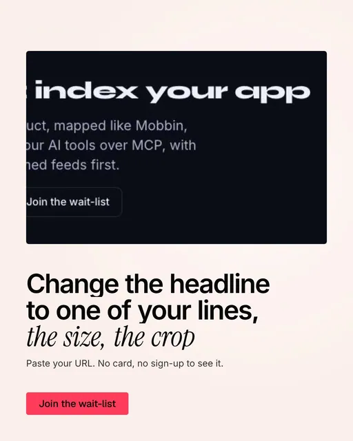 Video for design.live: "Change the headline to one of your lines, the size, the crop". Doc motion loop, 7.0 s, light palette.