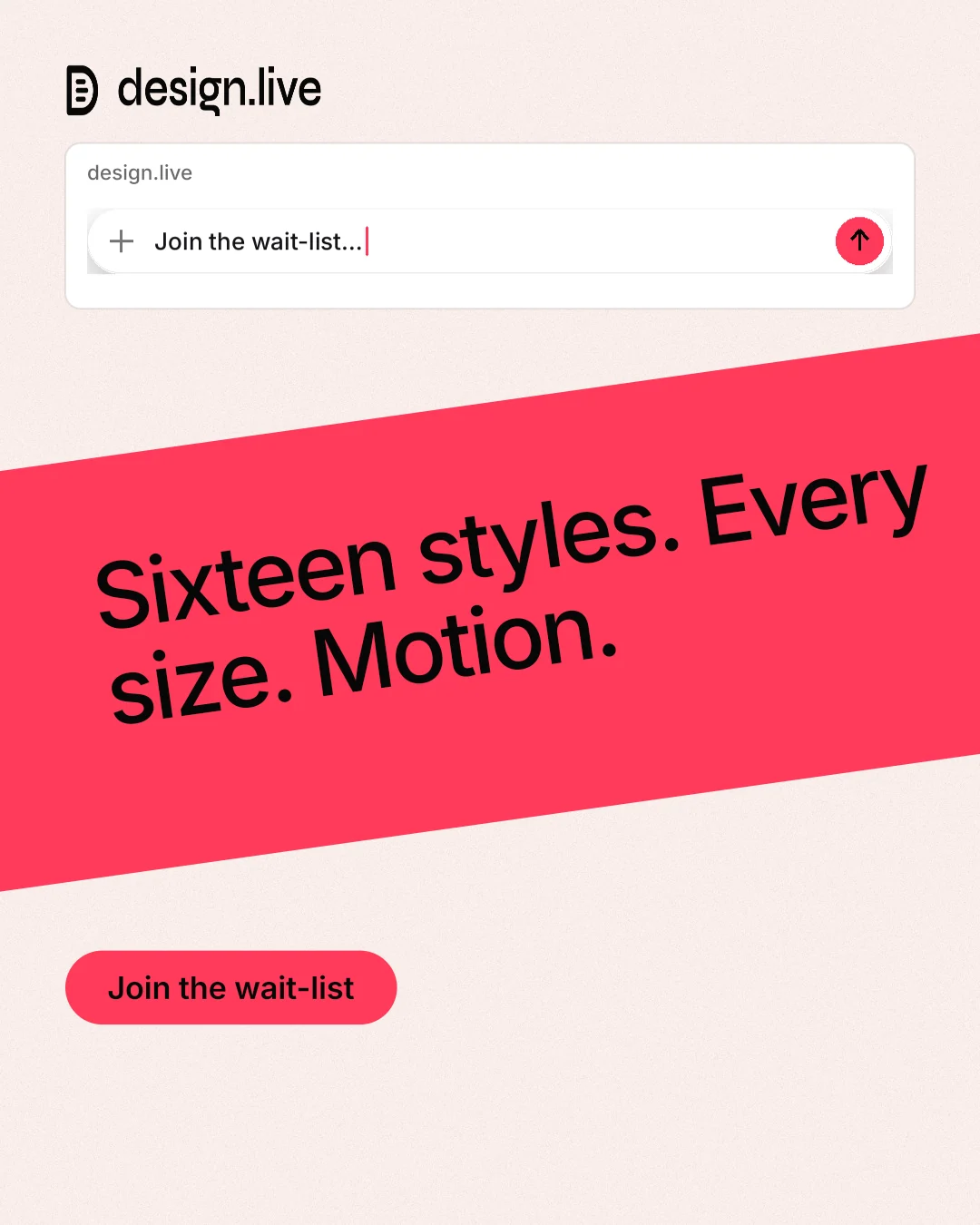 Instagram portrait post for design.live: "Sixteen styles. Every size. Motion." Data card style, diagonal layout, light palette in white, red.