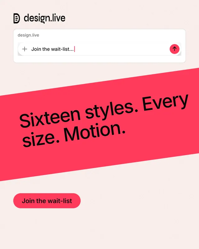Instagram portrait post for design.live: "Sixteen styles. Every size. Motion." Data card style, diagonal layout, light palette in white, red.