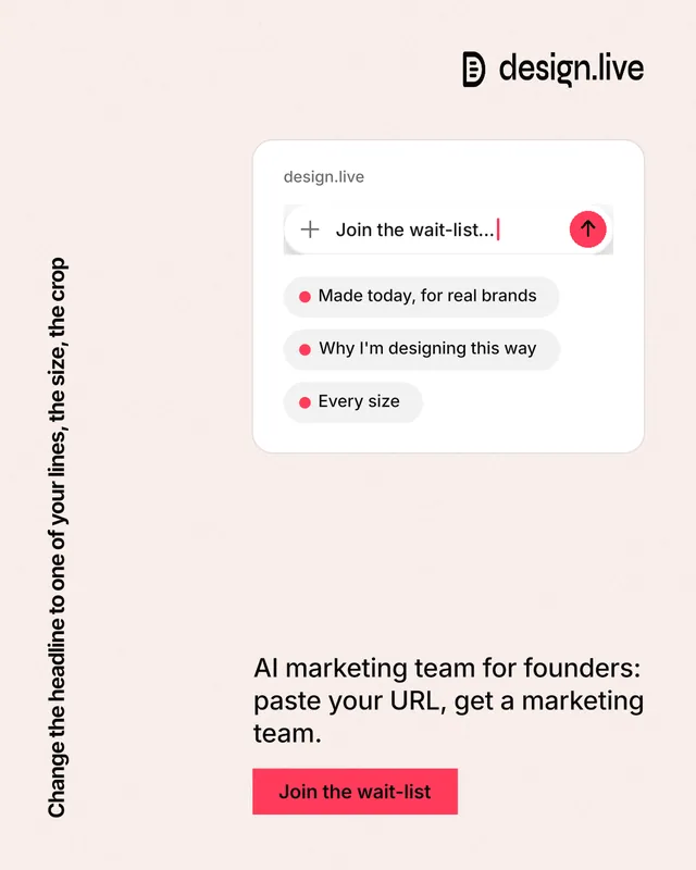 Instagram portrait post for design.live: "Change the headline to one of your lines, the size, the crop". Swiss style, vertical layout, light palette in white, red.