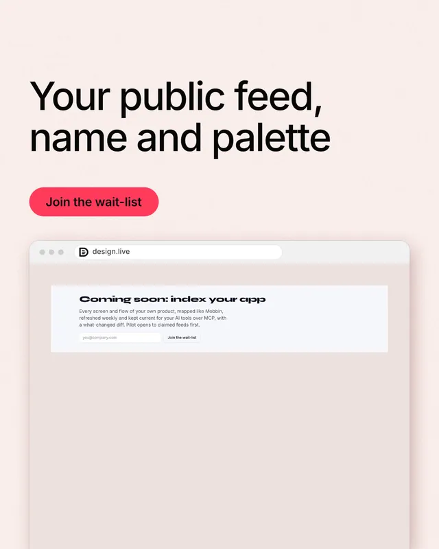Instagram portrait post for design.live: "Your public feed, name and palette". Data card style, browser layout, light palette in orange, white, red.