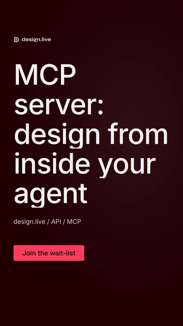 Video for design.live: "MCP server: design from inside your agent". Doc motion loop, 7.0 s, dark palette.