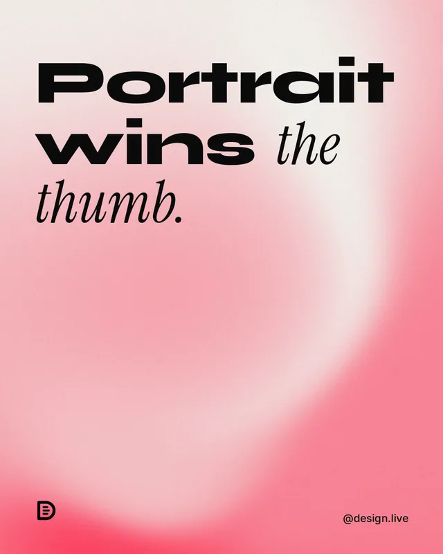 Instagram portrait post for design.live: "Portrait wins the thumb." Auto 4x5 style, technique:shader field layout, light palette in red, white.