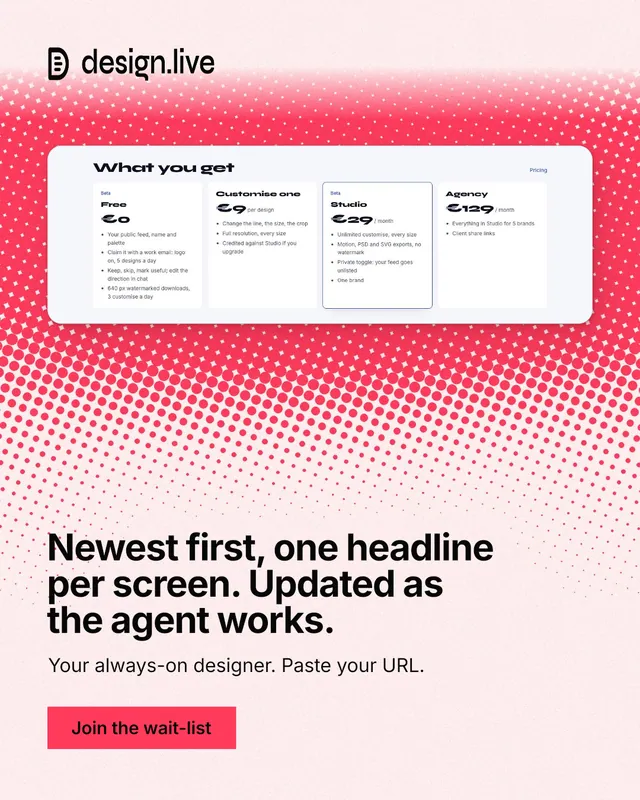 Instagram portrait post for design.live: "Newest first, one headline per screen. Updated as the agent works." Swiss style, bottom layout, light palette in white, red.