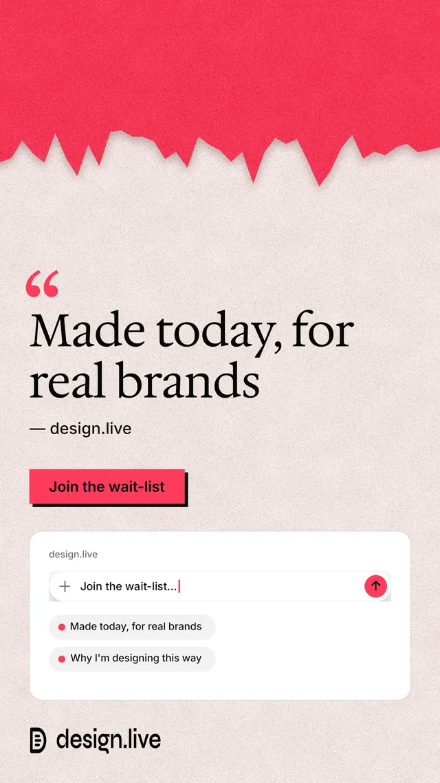 Instagram story for design.live: "Made today, for real brands". Paper trio style, quote layout, light palette in orange, red, white.