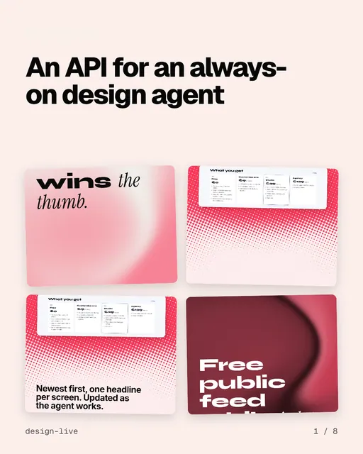 Carousel for design.live: "An API for an always-on design agent". Collection carousel, 8 slides, light palette.
