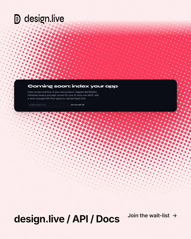 Instagram portrait post for design.live: "design.live / API / Docs". Swiss style, image led layout, light palette in red, white.