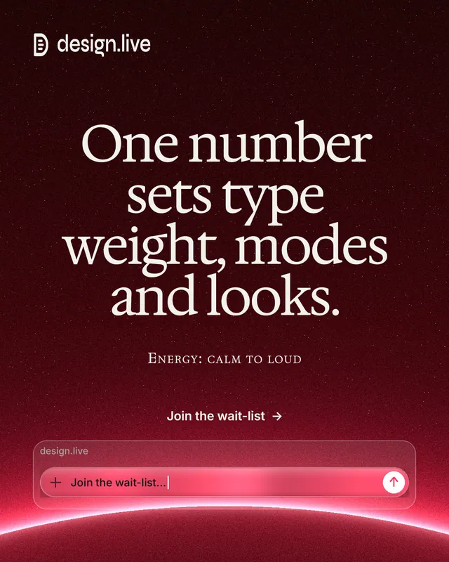 Instagram portrait post for design.live: "One number sets type weight, modes and looks." Swiss style, smallcaps layout, dark palette in black, red.