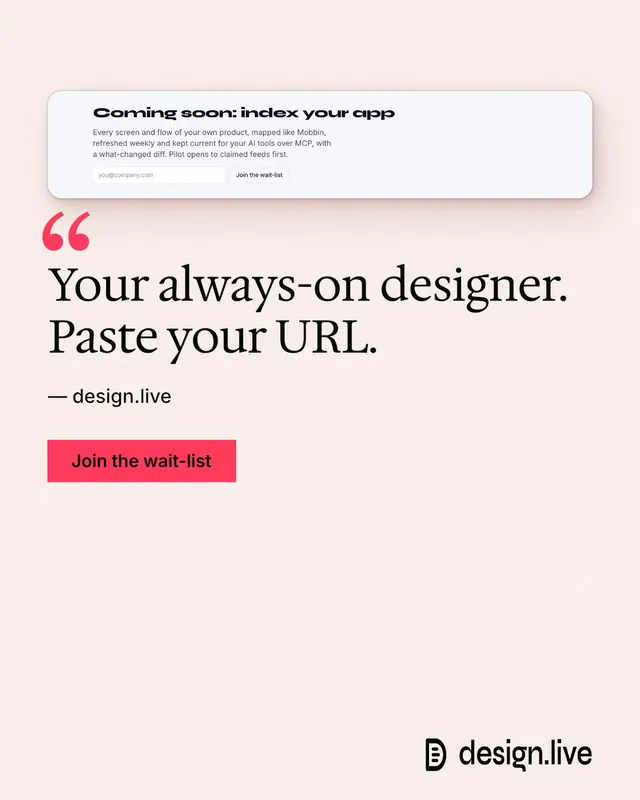 Instagram portrait post for design.live: "Your always-on designer. Paste your URL." Swiss style, quote layout, light palette in white, red.