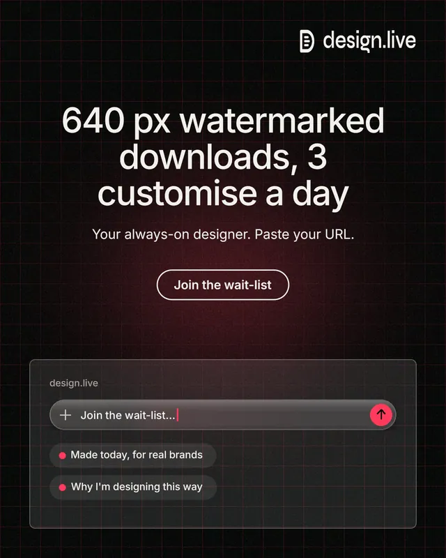 Instagram portrait post for design.live: "640 px watermarked downloads, 3 customise a day". Phosphor atlas style, centred layout, dark palette in black, red, grey.