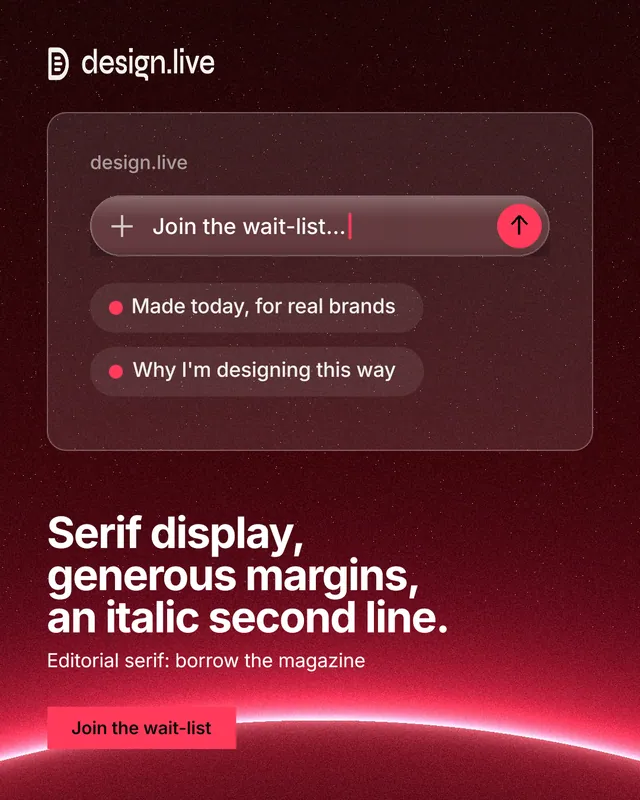 Instagram portrait post for design.live: "Serif display, generous margins, an italic second line." Swiss style, bottom layout, dark palette in red, black.