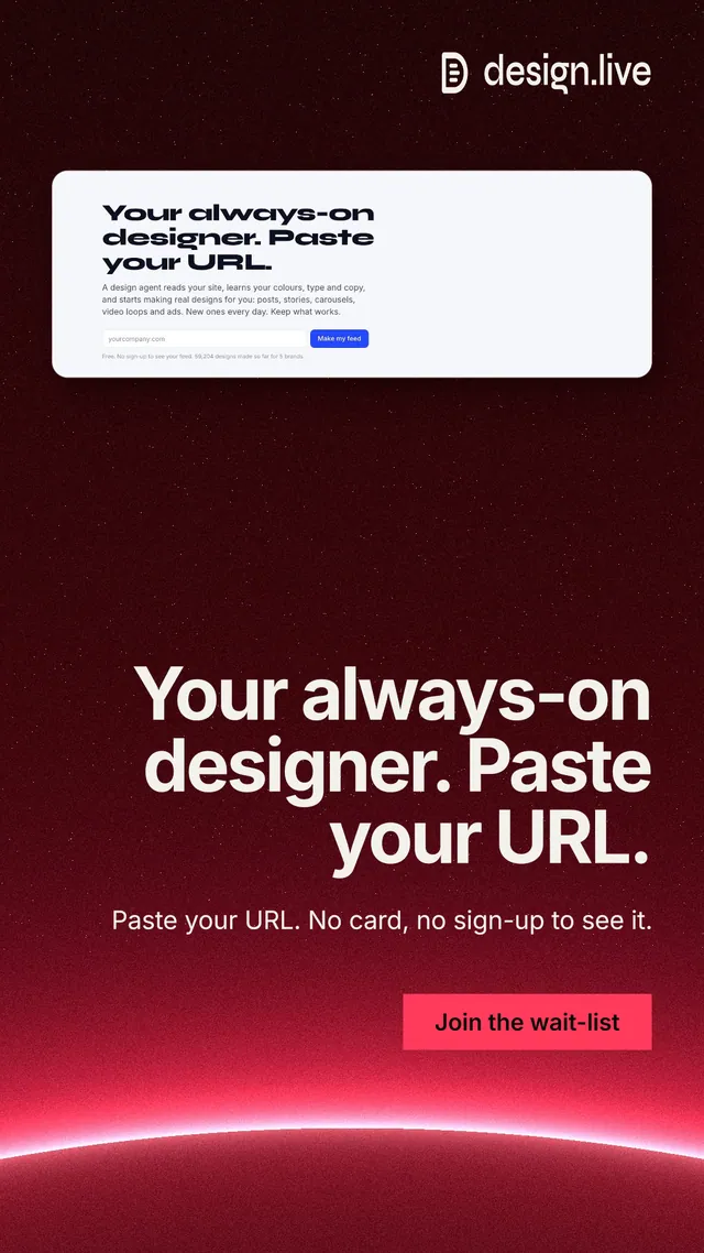 Instagram story for design.live: "Your always-on designer. Paste your URL." Swiss style, right layout, dark palette in red, black, grey.
