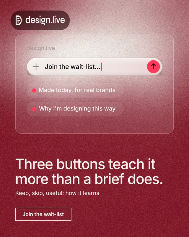 Instagram portrait post for design.live: "Three buttons teach it more than a brief does." Cyanotype style, bottom layout, dark palette in red.