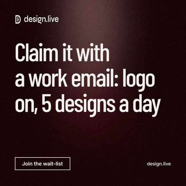 Instagram post for design.live: "Claim it with a work email: logo on, 5 designs a day". Dark deco style, poster layout, dark palette in black, red, grey.