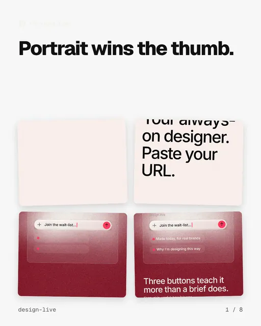 Carousel for design.live: "Portrait wins the thumb.". Collection carousel, 8 slides, light palette.