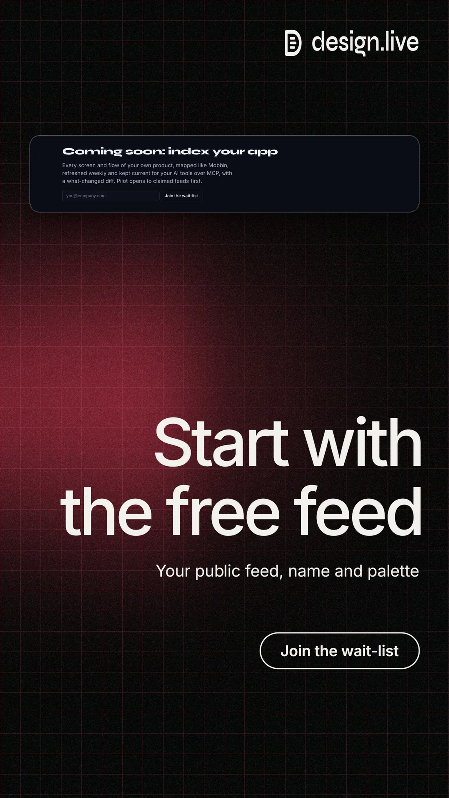 Instagram story for design.live: "Start with the free feed". Phosphor atlas style, right layout, dark palette in black, red, grey.