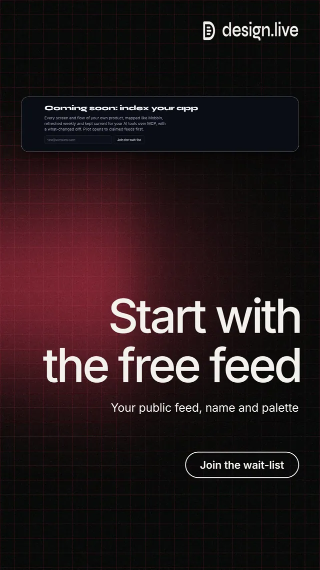 Instagram story for design.live: "Start with the free feed". Phosphor atlas style, right layout, dark palette in black, red, grey.