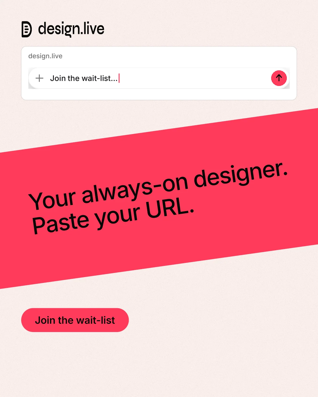Instagram portrait post for design.live: "Your always-on designer. Paste your URL." Data card style, diagonal layout, light palette in white, red.