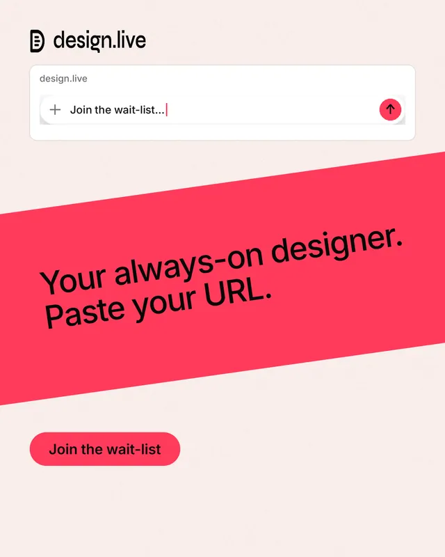 Instagram portrait post for design.live: "Your always-on designer. Paste your URL." Data card style, diagonal layout, light palette in white, red.
