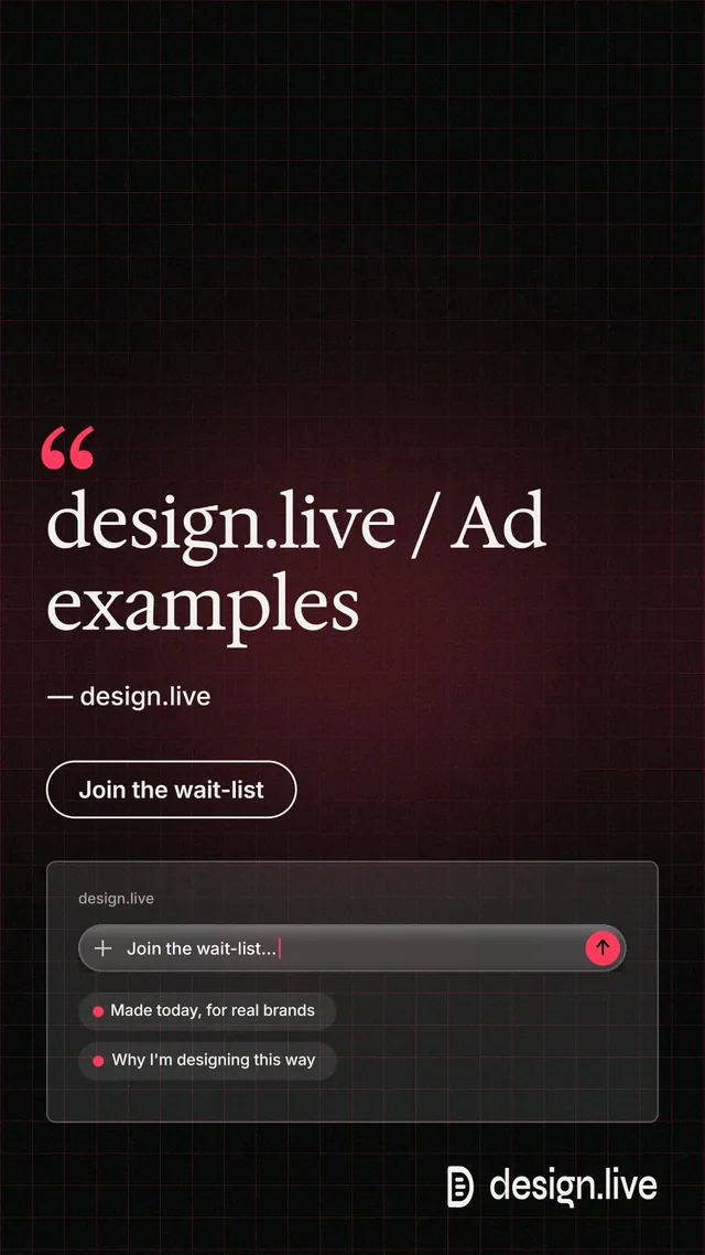 Instagram story for design.live: "design.live / Ad examples". Phosphor atlas style, quote layout, dark palette in black.