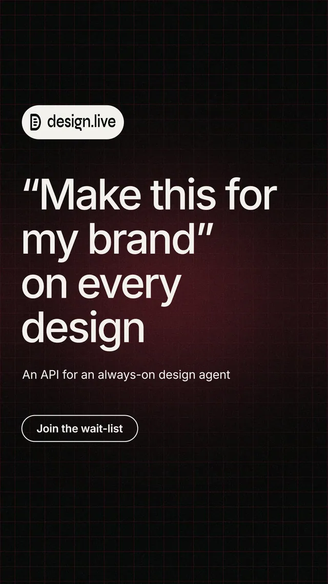 Instagram story for design.live: "“Make this for my brand” on every design". Phosphor atlas style, announce layout, dark palette in black, red, grey.