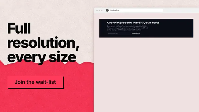 Landscape graphic for design.live: "Full resolution, every size". Paper trio style, browser layout, light palette in red.