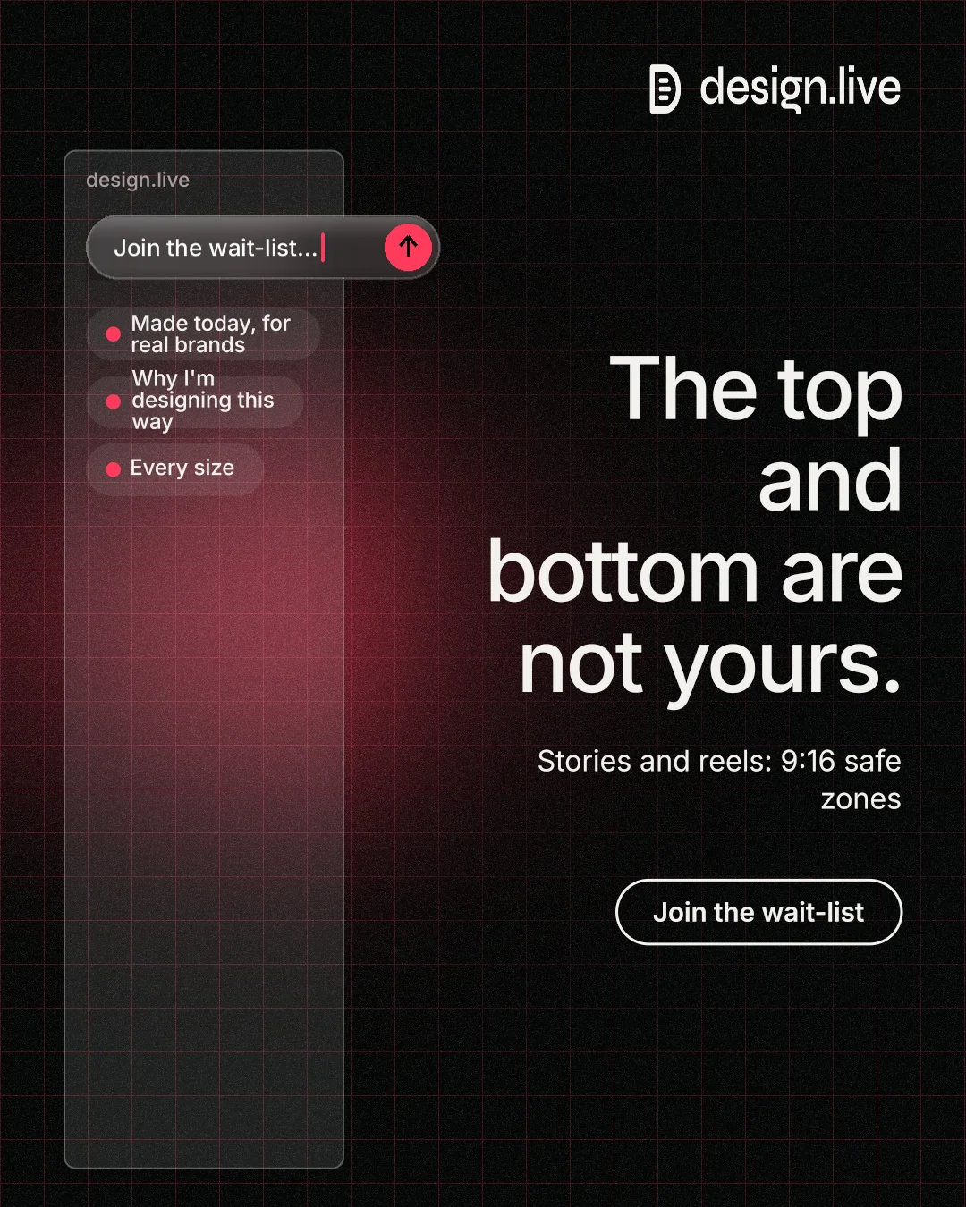 Instagram portrait post for design.live: "The top and bottom are not yours." Phosphor atlas style, right layout, dark palette in black, red, grey.