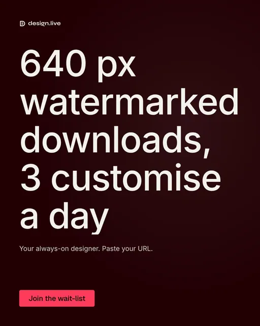 Video for design.live: "640 px watermarked downloads, 3 customise a day". Kinetic type grid, 8.0 s, dark palette.
