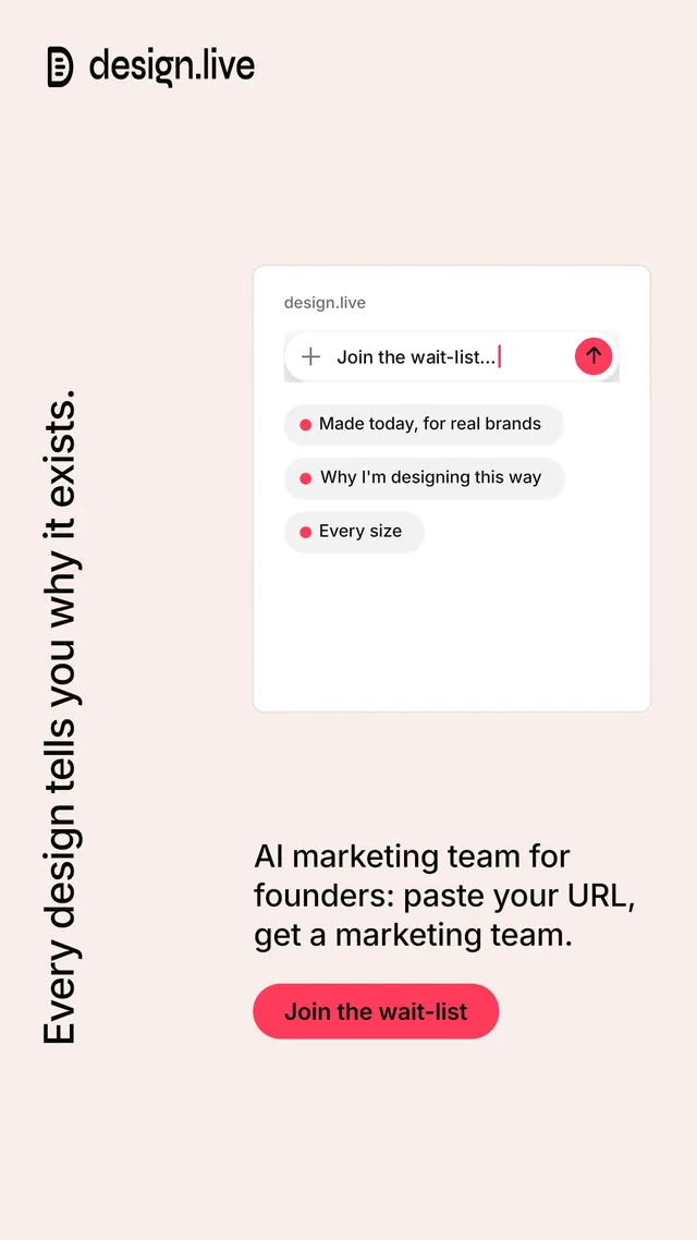 Instagram story for design.live: "Every design tells you why it exists." Data card style, vertical layout, light palette in white, red.