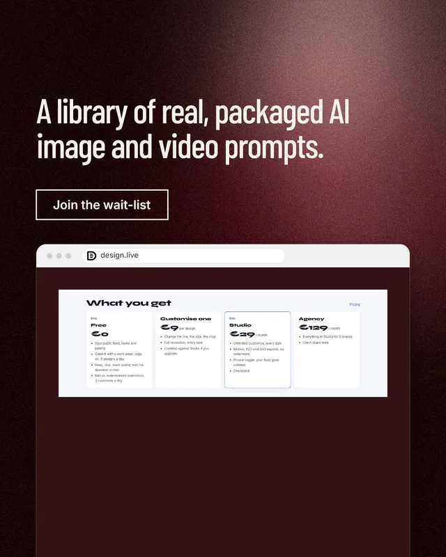 Instagram portrait post for design.live: "A library of real, packaged AI image and video prompts." Dark deco style, browser layout, dark palette in red, black, white.