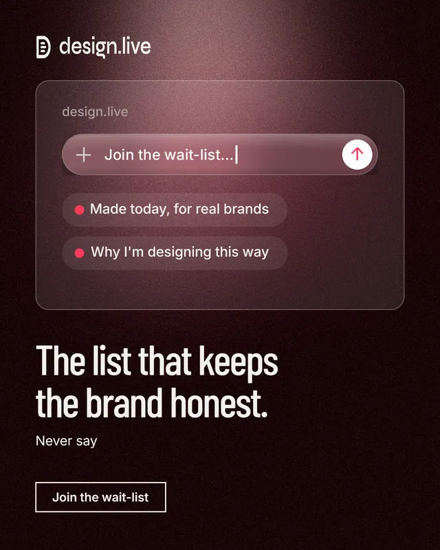 Instagram portrait post for design.live: "The list that keeps the brand honest." Dark deco style, bottom layout, dark palette in black, red, grey.