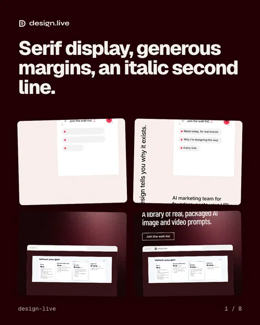 Carousel for design.live: "Serif display, generous margins, an italic second line.". Collection carousel, 8 slides, dark palette.