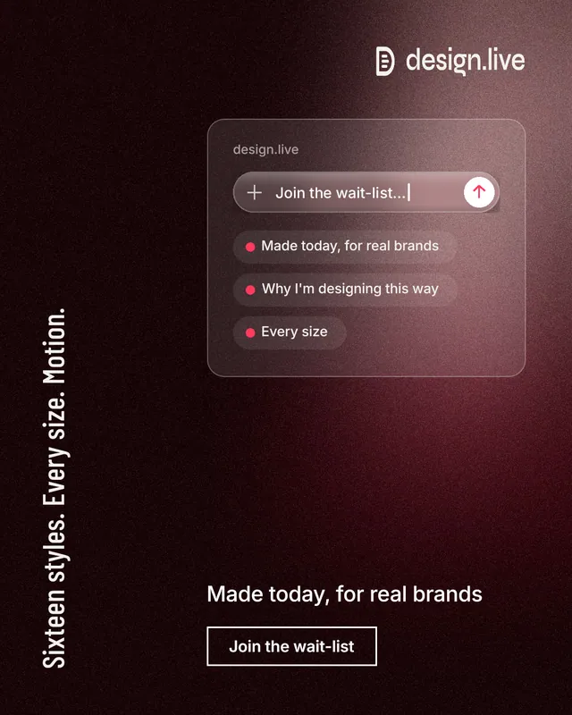Instagram portrait post for design.live: "Sixteen styles. Every size. Motion." Dark deco style, vertical layout, dark palette in black, grey, red.
