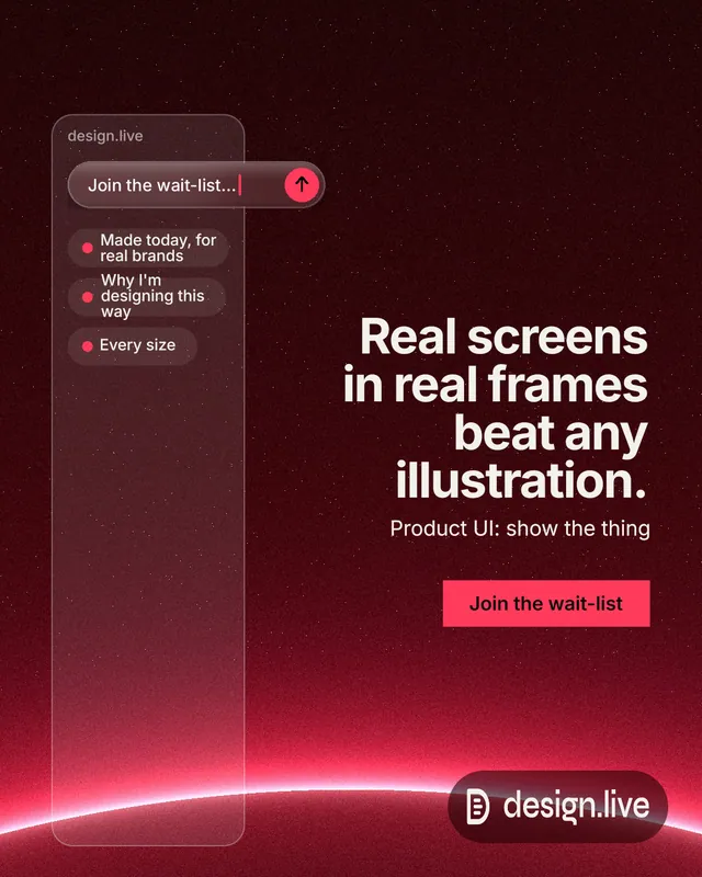 Instagram portrait post for design.live: "Real screens in real frames beat any illustration." Swiss style, right layout, dark palette in black, red.