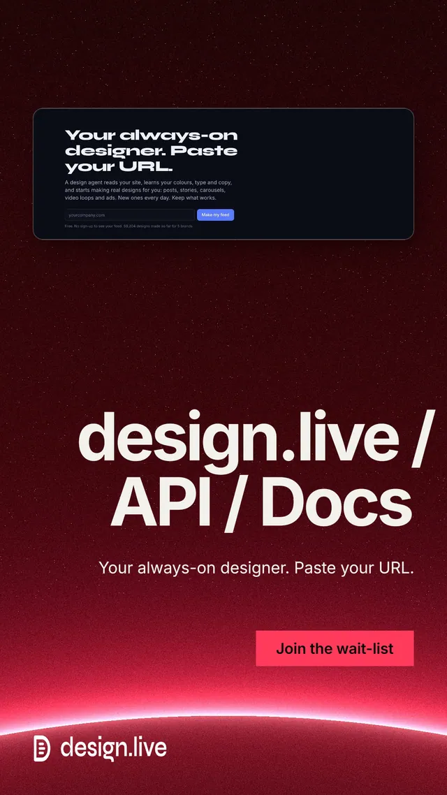 Instagram story for design.live: "design.live / API / Docs". Swiss style, right layout, dark palette in black, red.