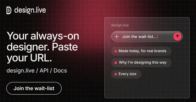 Social ad for design.live: "Your always-on designer. Paste your URL." Phosphor atlas style, bottom layout, dark palette in black, red, grey.